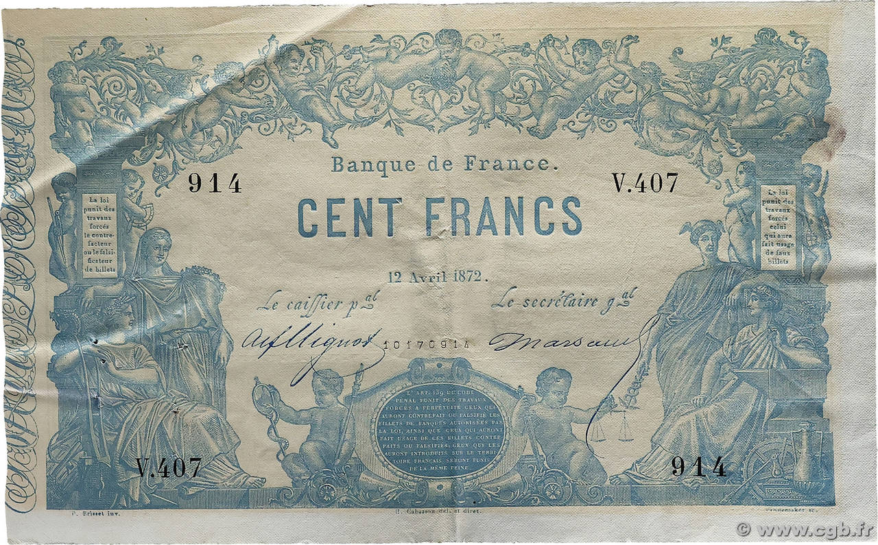 100 Francs type 1862 - Bleu à indices Noirs FRANCE  1872 F.A39.08 SUP