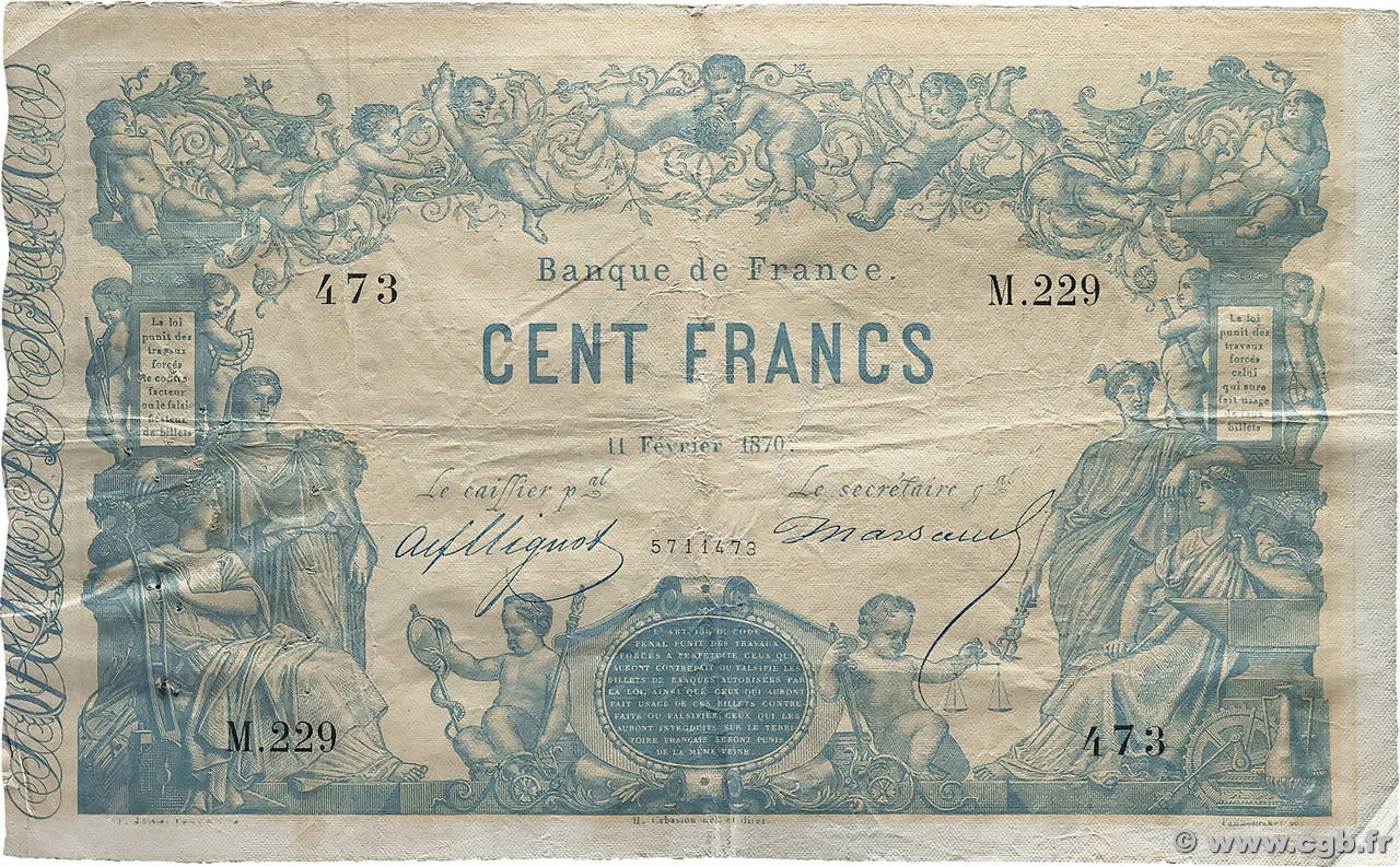 100 Francs type 1862 - Bleu à indices Noirs FRANCIA  1870 F.A39.06 q.BB