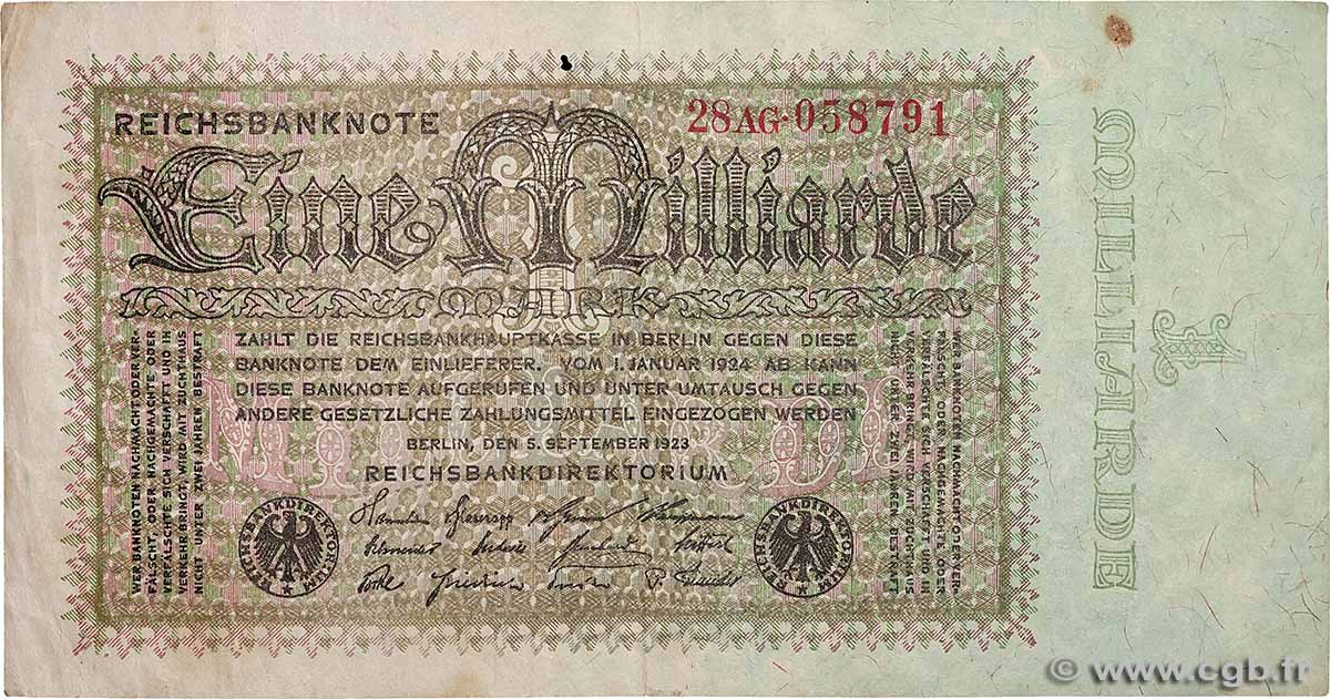 1 Milliard Mark GERMANY  1923 P.114 F+