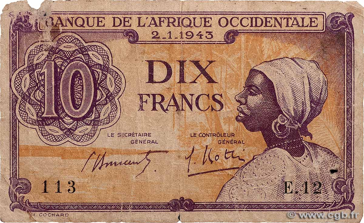 10 Francs FRENCH WEST AFRICA  1943 P.29 F-