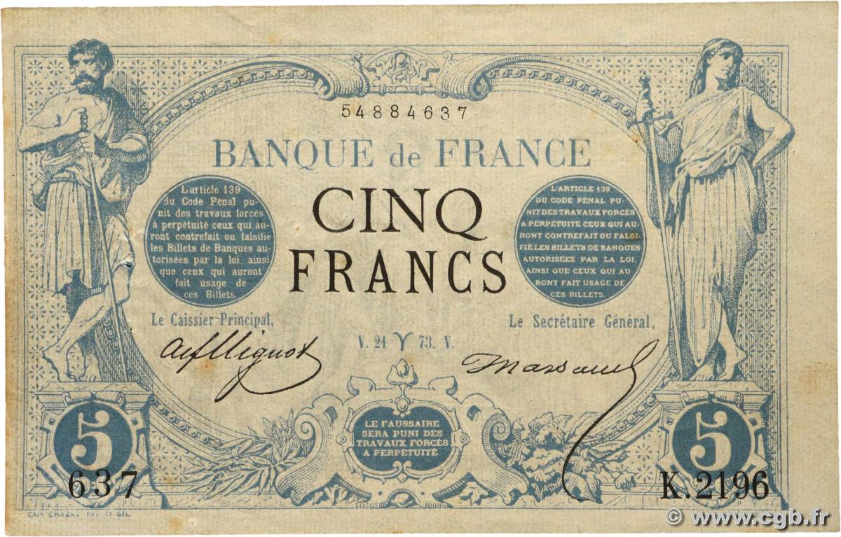 5 Francs NOIR Fauté FRANCIA  1873 F.01.16 MBC+