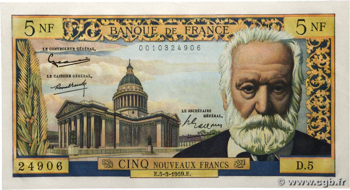 5 Nouveaux Francs VICTOR HUGO FRANCIA  1959 F.56.01 EBC+