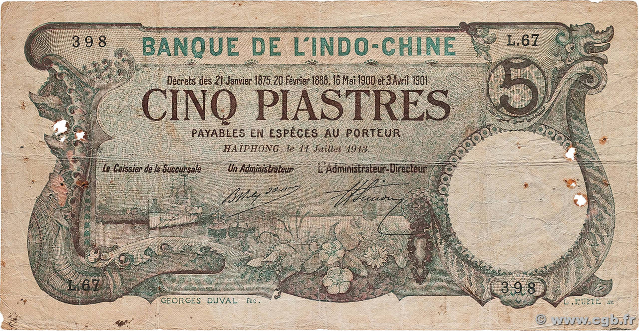 5 Piastres INDOCHINE FRANÇAISE Haïphong 1913 P.016b B+