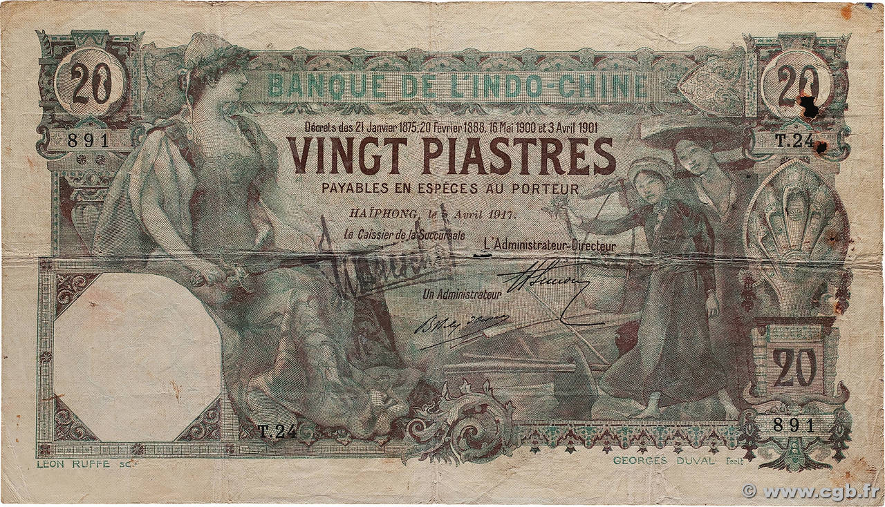 20 Piastres INDOCHINE FRANÇAISE Haïphong 1917 P.017b TB