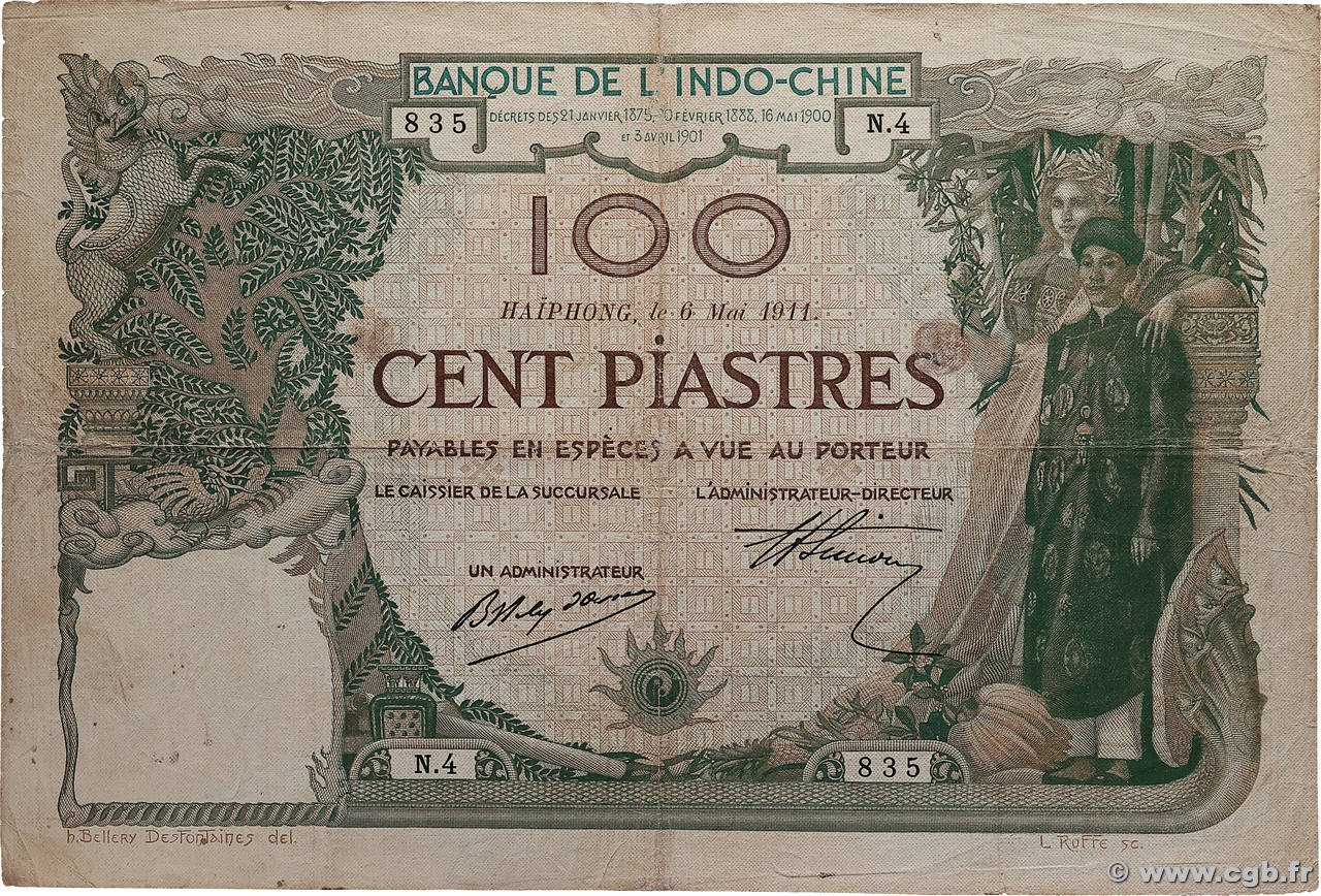 100 Piastres INDOCHINE FRANÇAISE Haïphong 1911 P.018 TB