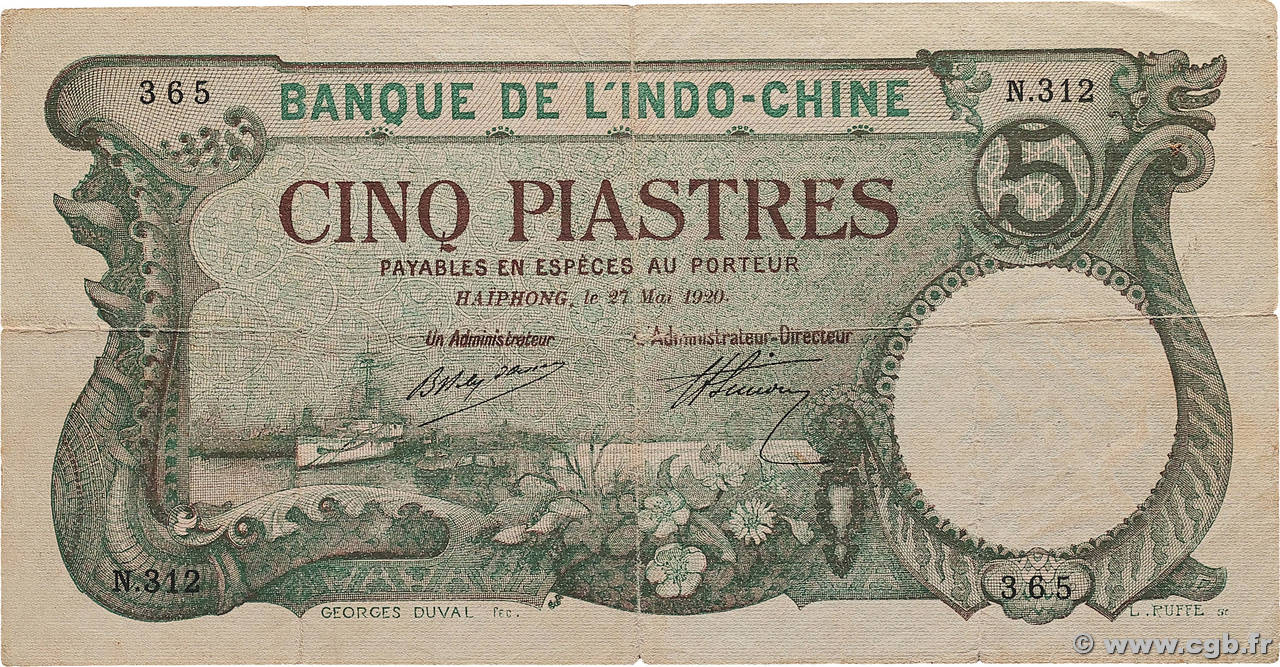 5 Piastres INDOCHINE FRANÇAISE Haïphong 1920 P.019 pr.TB