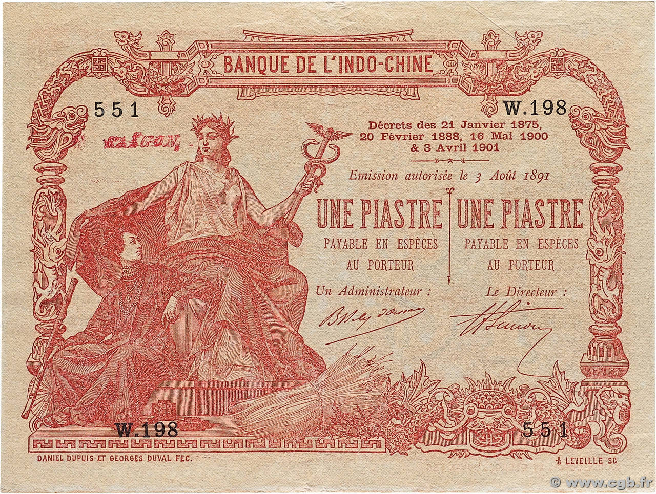 1 Piastre - 1 Piastre INDOCHINE FRANÇAISE Saïgon 1903 P.034a SUP