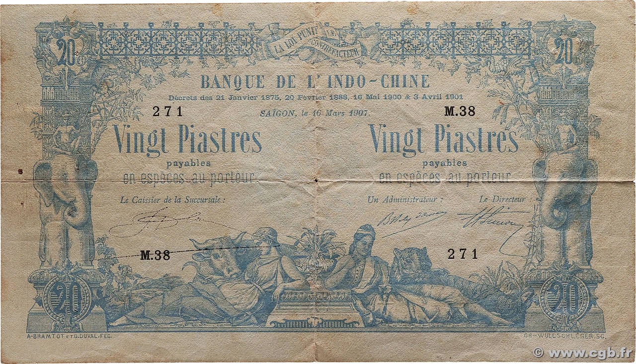20 Piastres - 20 Piastres INDOCHINE FRANÇAISE Saïgon 1907 P.036 pr.TTB