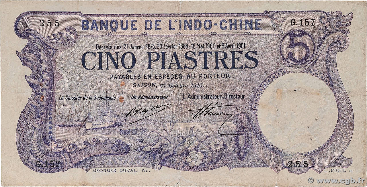 5 Piastres INDOCHINE FRANÇAISE Saïgon 1905 P.037b TB