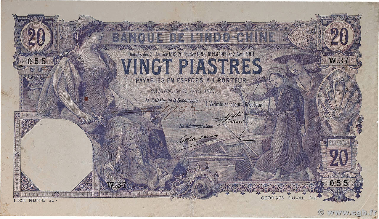 20 Piastres INDOCHINE FRANÇAISE Saïgon 1917 P.038b TTB