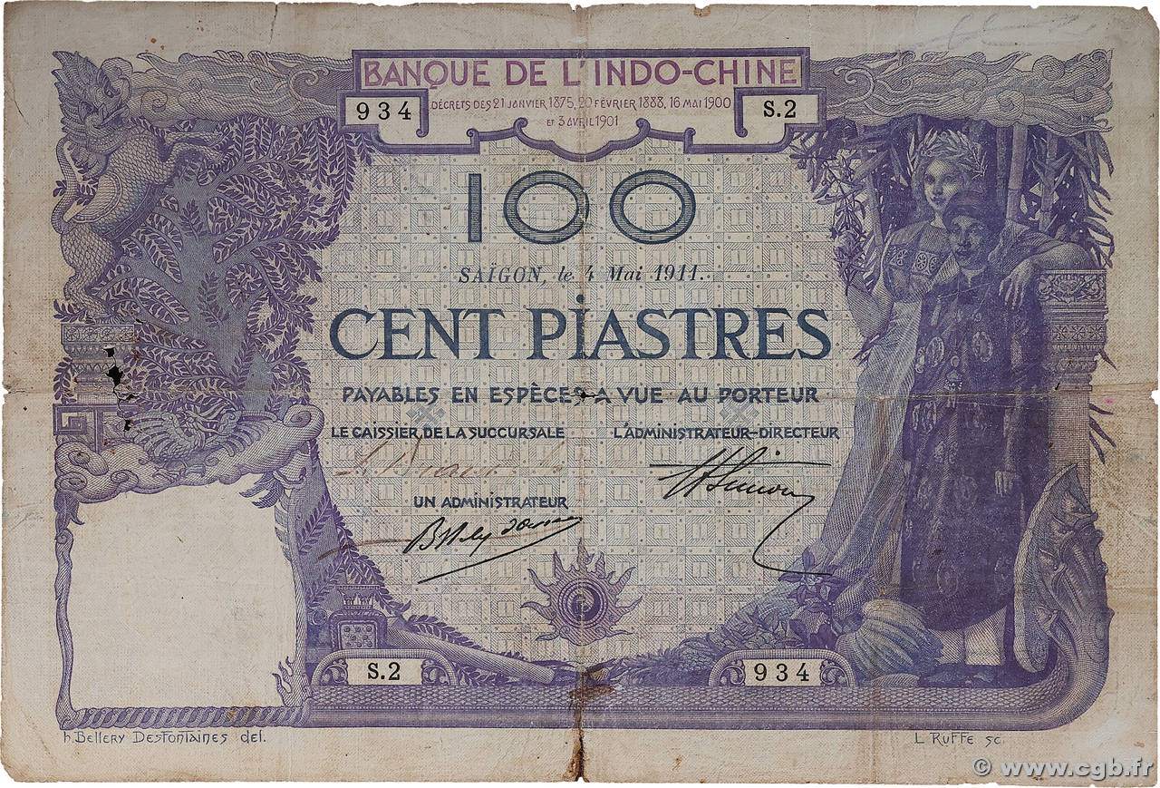 100 Piastres INDOCHINE FRANÇAISE Saïgon 1911 P.039 B