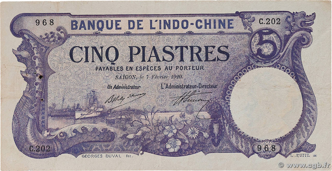 5 Piastres INDOCHINE FRANÇAISE Saïgon 1920 P.040 TB+