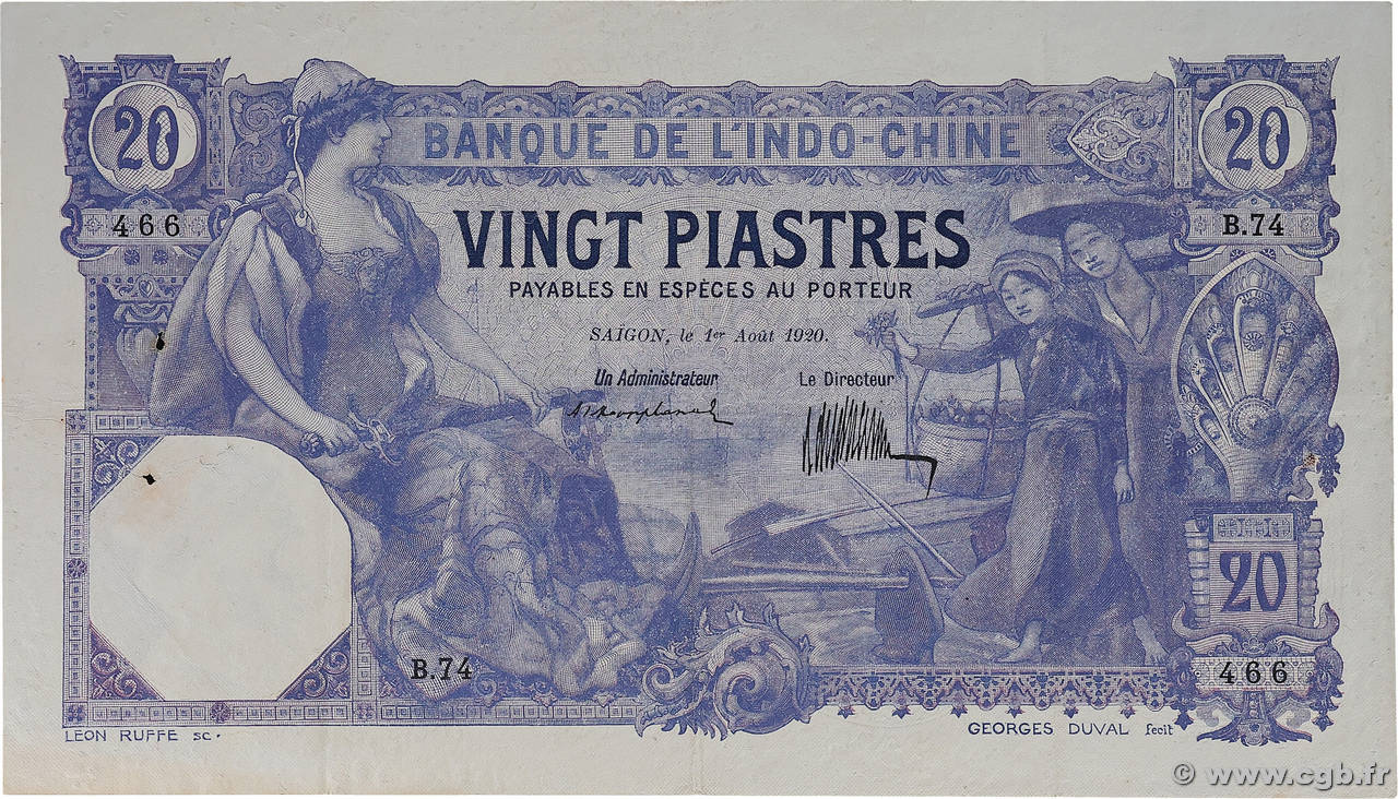 20 Piastres INDOCHINE FRANÇAISE Saïgon 1920 P.041 TTB