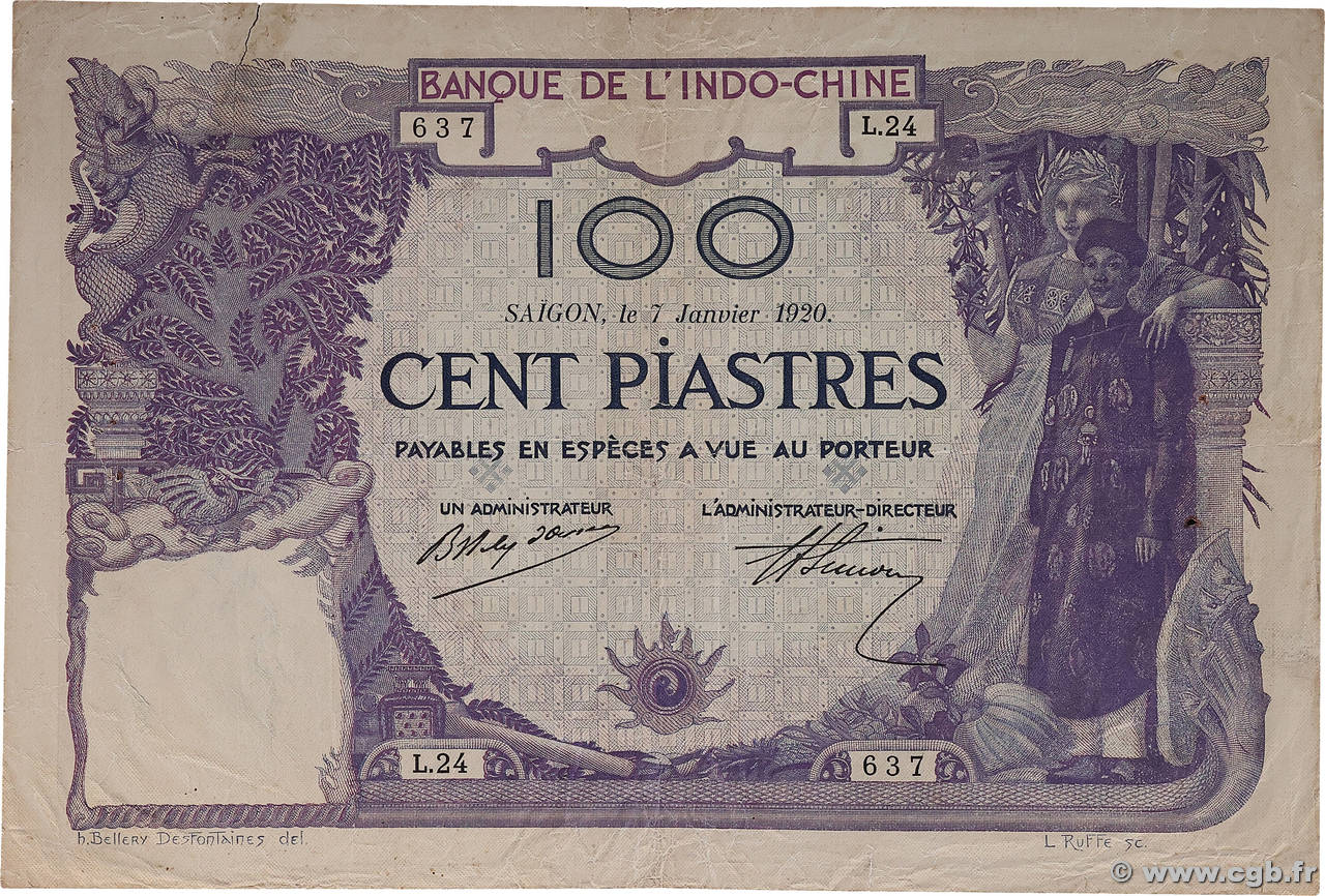 100 Piastres INDOCHINE FRANÇAISE Saïgon 1920 P.042 TB