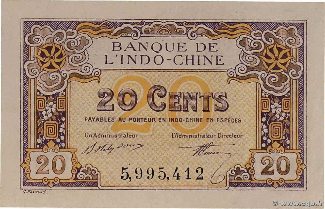 20 Cents INDOCHINE FRANÇAISE  1919 P.045a SUP+
