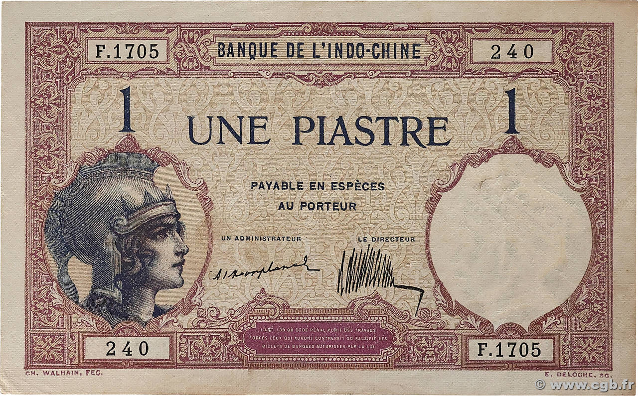 1 Piastre INDOCHINE FRANÇAISE  1919 P.048a TTB