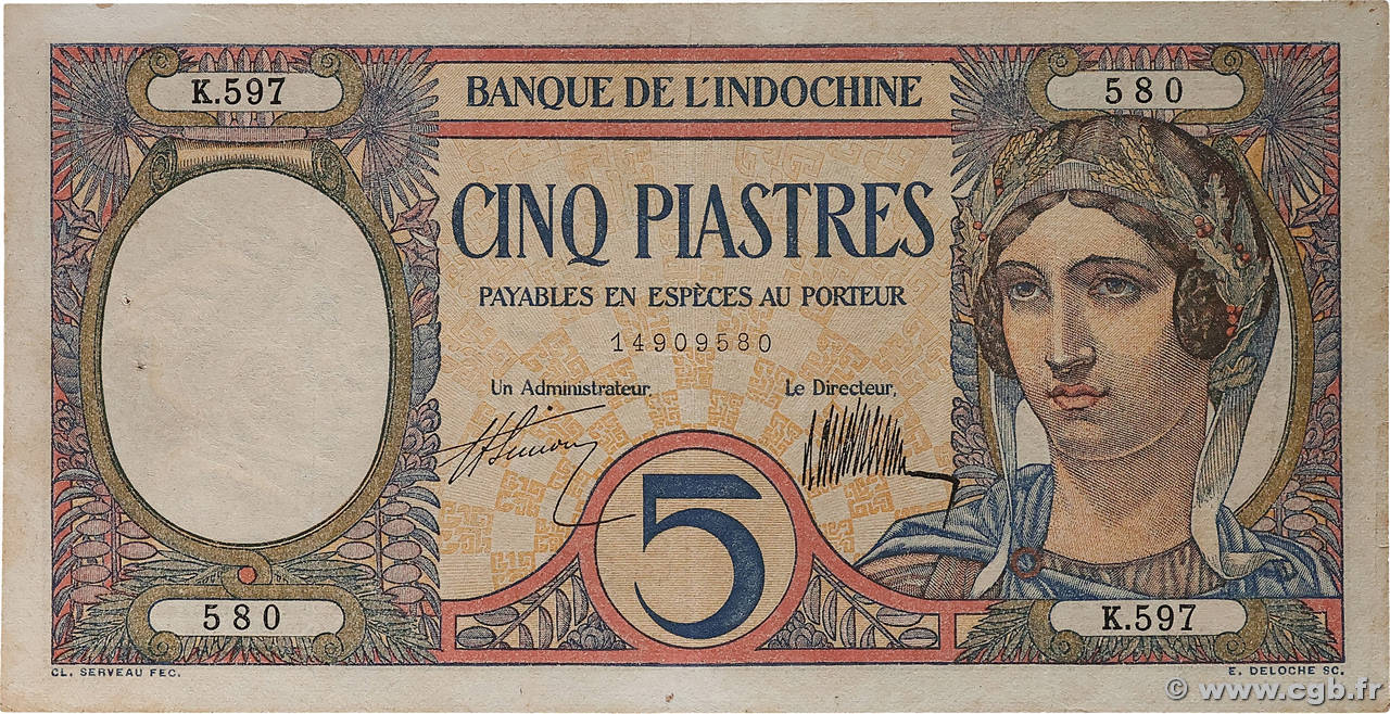 5 Piastres INDOCHINE FRANÇAISE  1927 P.049b TTB