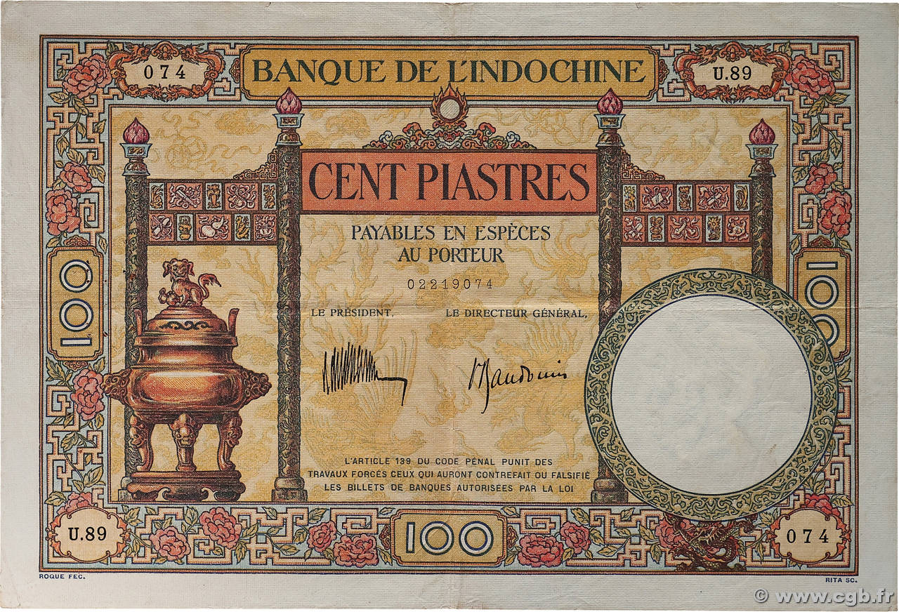 100 Piastres INDOCHINE FRANÇAISE  1932 P.051c TTB