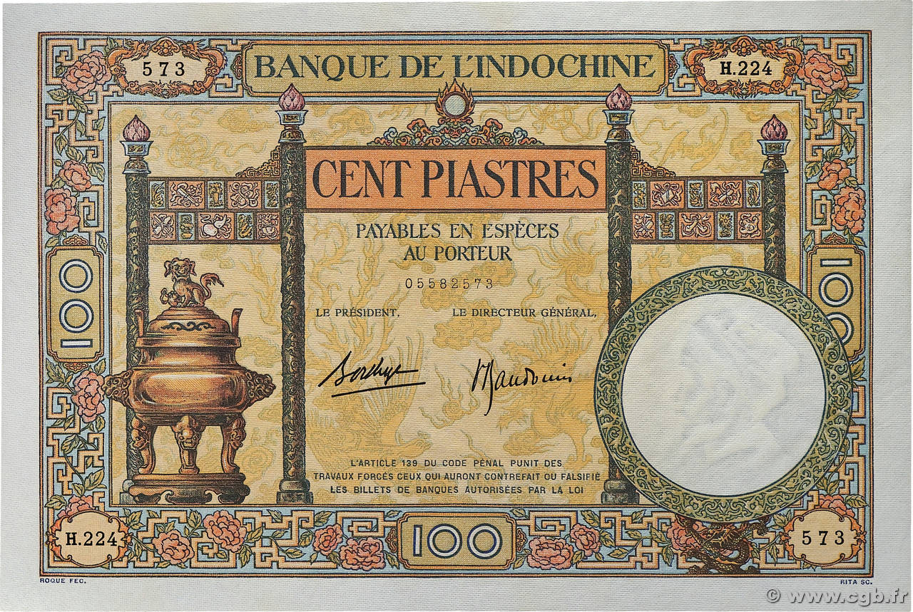100 Piastres INDOCHINE FRANÇAISE  1936 P.051d SPL