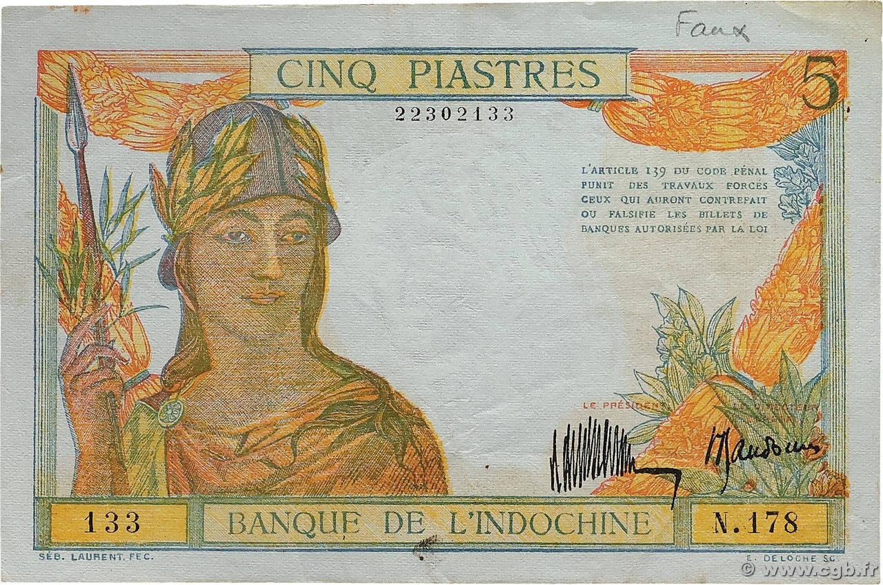 5 Piastres Faux INDOCHINE FRANÇAISE  1932 P.053x TTB+