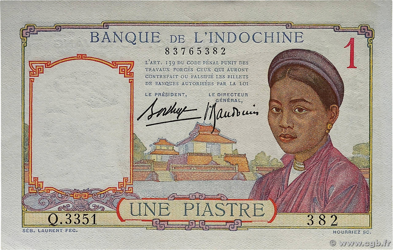 1 Piastre INDOCHINE FRANÇAISE  1936 P.054b SPL+