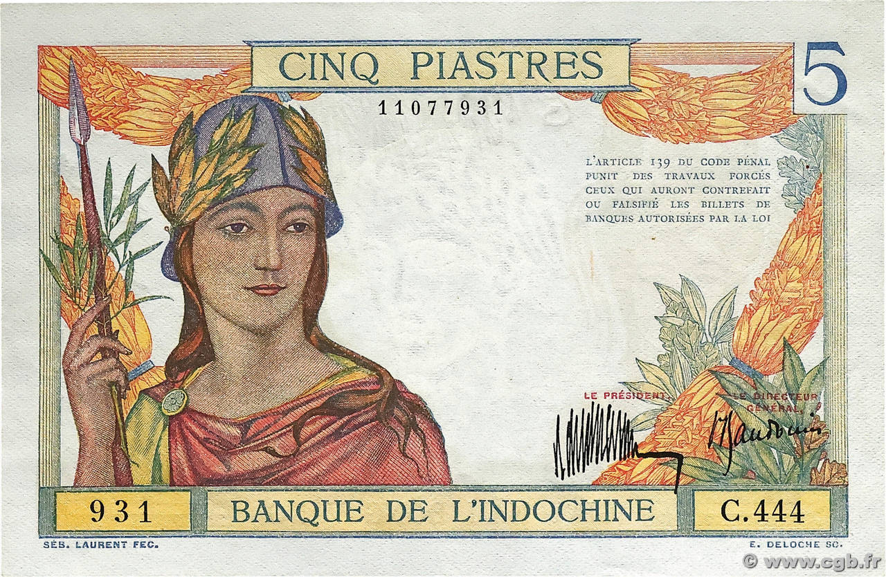 5 Piastres INDOCHINE FRANÇAISE  1932 P.055a SUP+