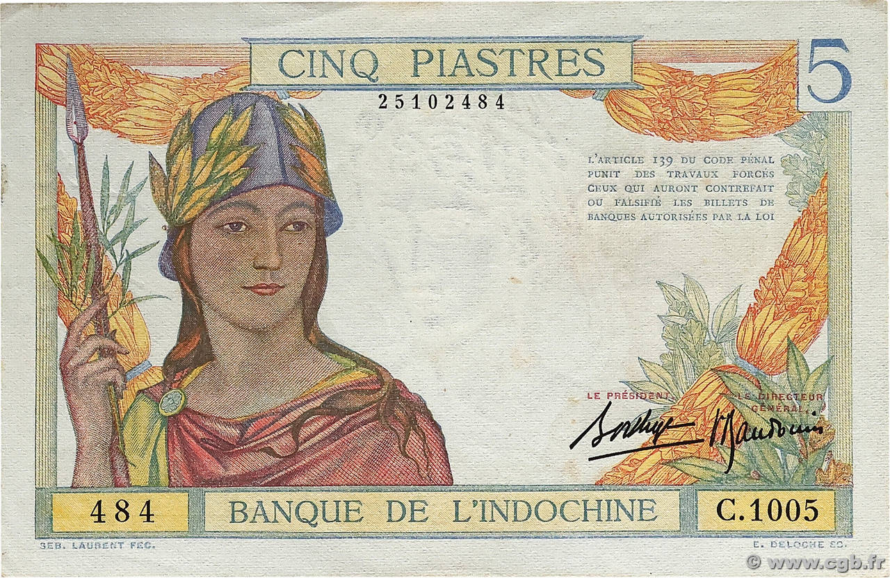 5 Piastres INDOCHINE FRANÇAISE  1936 P.055b SPL