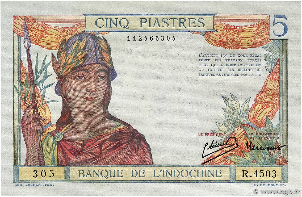 5 Piastres INDOCHINE FRANÇAISE  1946 P.055c pr.NEUF