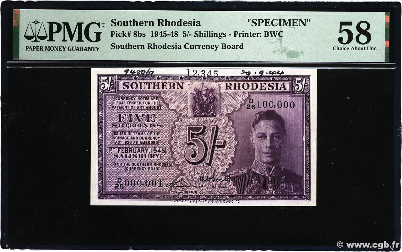 5 Shillings Spécimen RHODÉSIE DU SUD  1945 P.08bs SPL