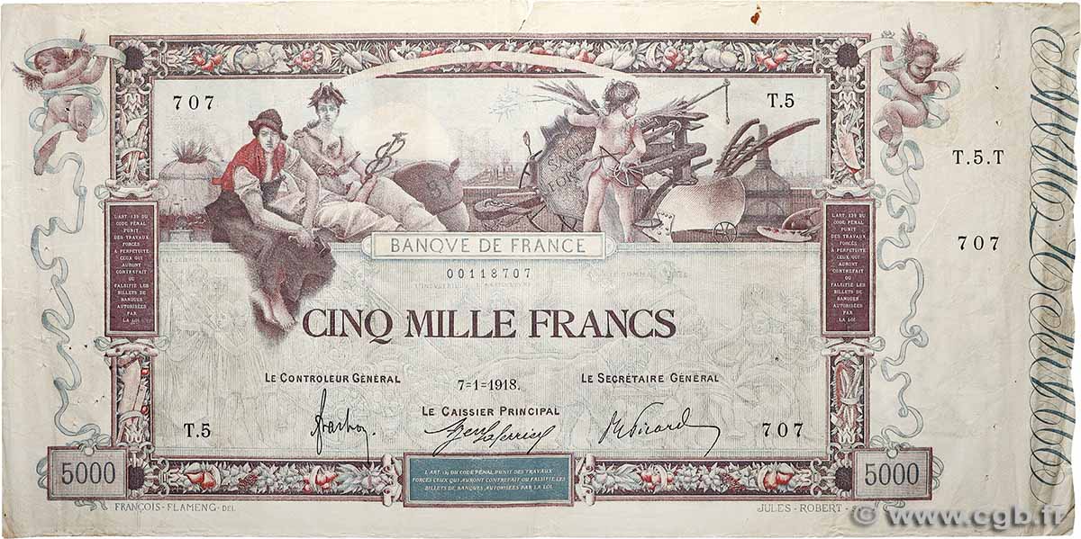 5000 Francs FLAMENG FRANCE  1918 F.43.01 VF-