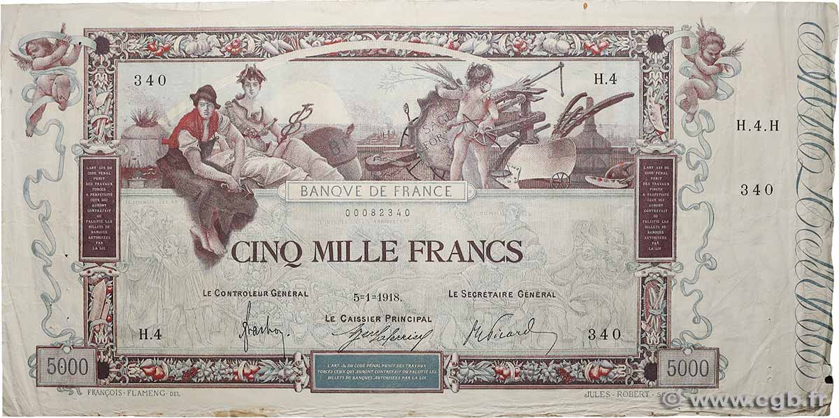 5000 Francs FLAMENG FRANCE  1918 F.43.01 F+