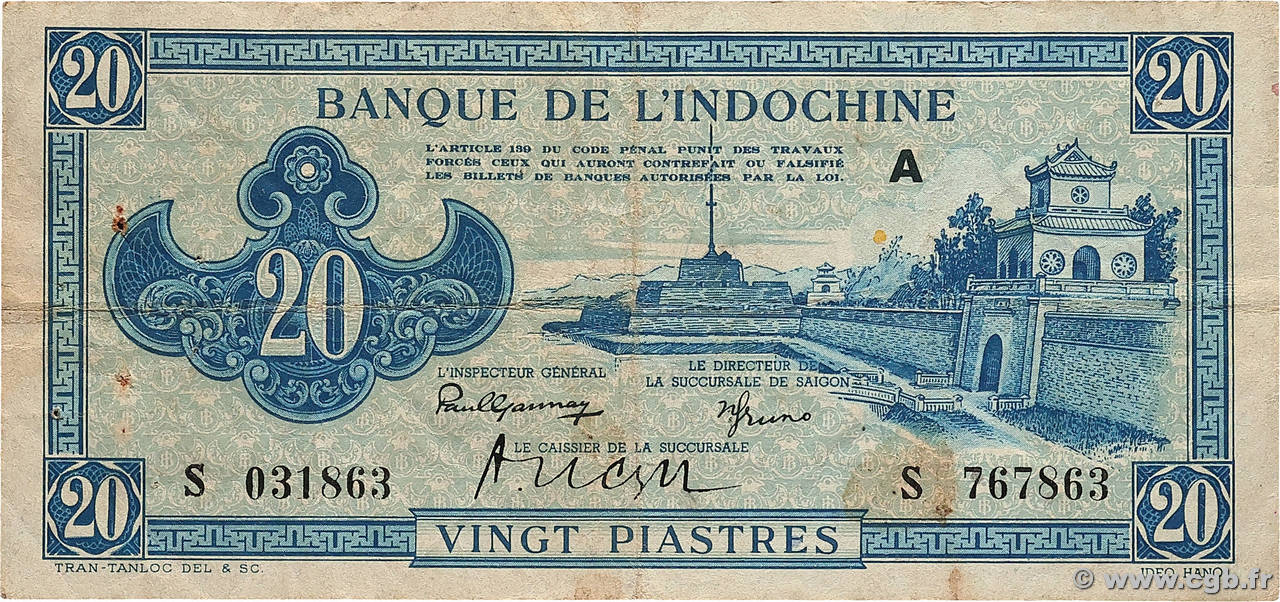 20 Piastres bleu INDOCHINE FRANÇAISE  1943 P.065 TB+