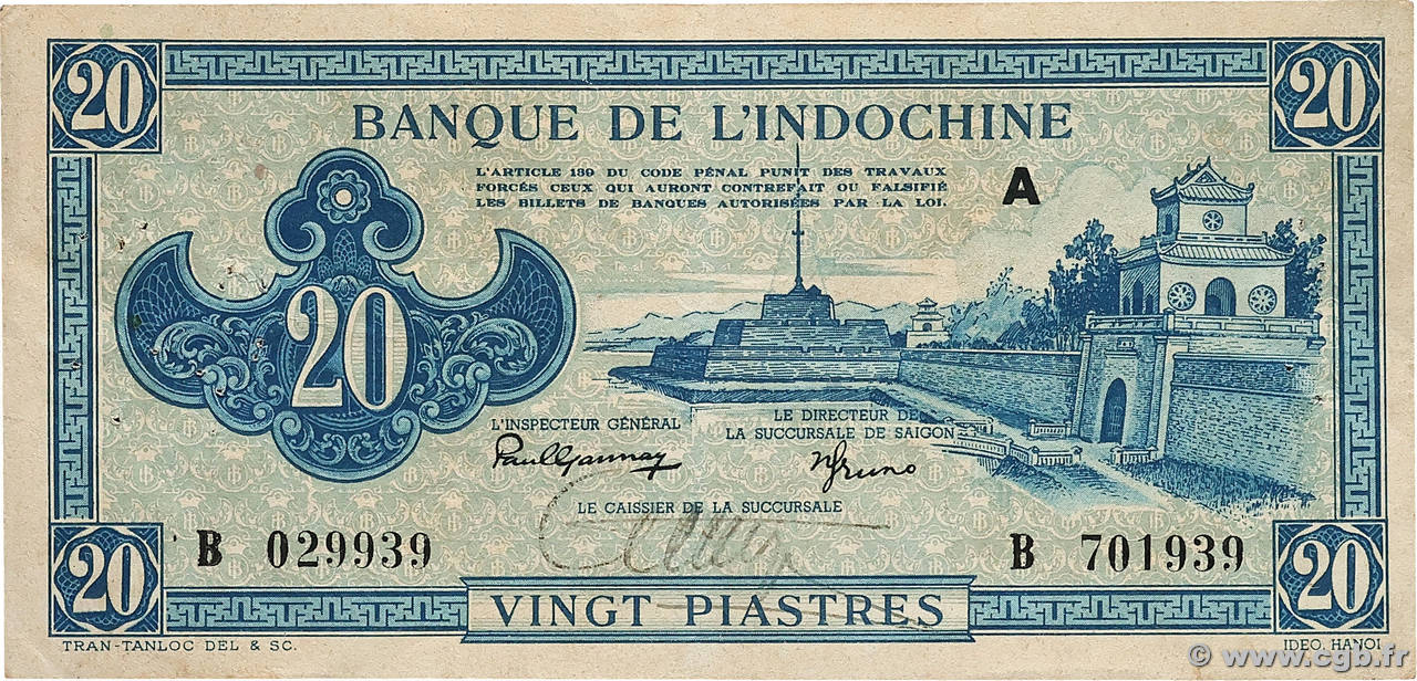 20 Piastres bleu INDOCHINE FRANÇAISE  1943 P.065 TTB