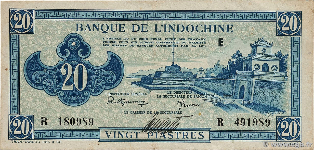 20 Piastres bleu INDOCHINE FRANÇAISE  1943 P.065 TTB+
