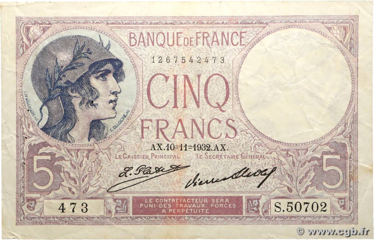 5 Francs FEMME CASQUÉE FRANCE  1932 F.03.16 F+