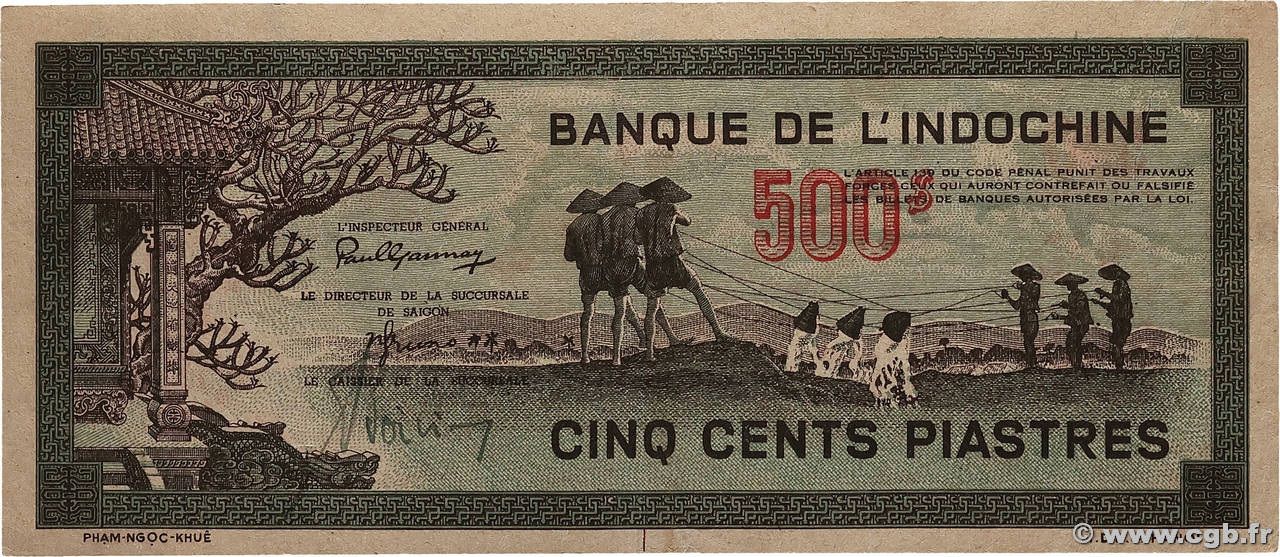 500 Piastres gris-vert INDOCHINE FRANÇAISE  1945 P.069 TTB