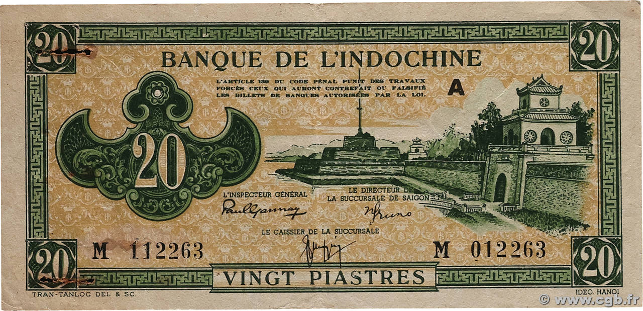 20 Piastres vert INDOCHINE FRANÇAISE  1944 P.070 pr.TTB