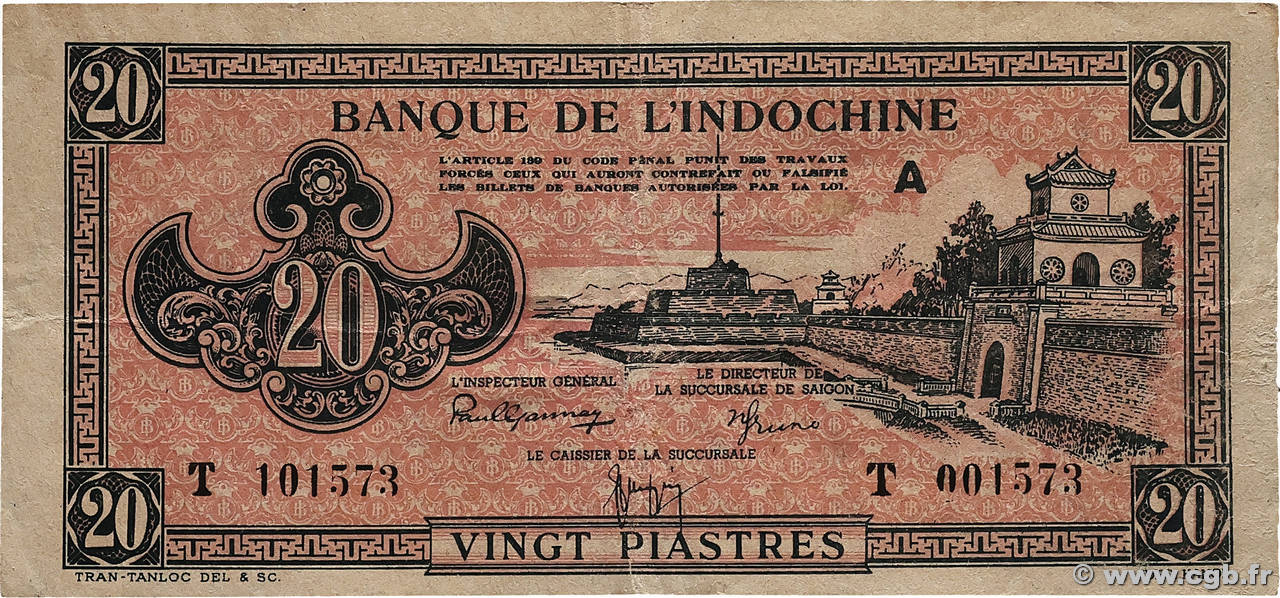 20 Piastres rose orangé INDOCHINE FRANÇAISE  1945 P.072 pr.TTB