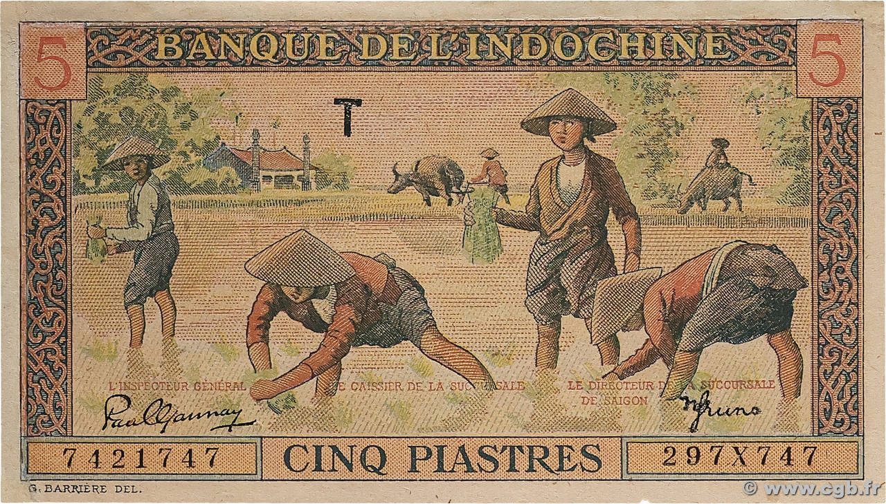 5 Piastres INDOCHINE FRANÇAISE  1951 P.075a SUP