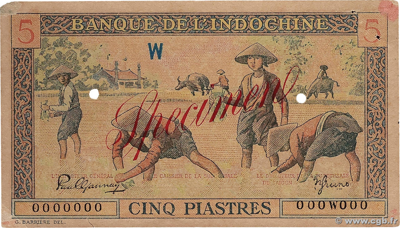 5 Piastres Spécimen INDOCHINE FRANÇAISE  1951 P.075s TB+