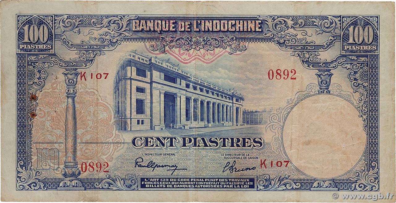 100 Piastres INDOCHINE FRANÇAISE  1946 P.079a TB+