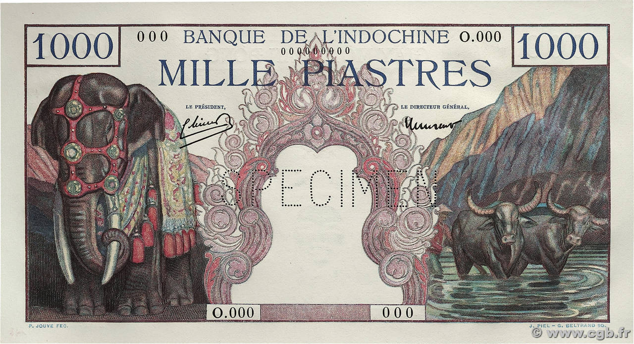 1000 Piastres Spécimen INDOCHINE FRANÇAISE  1951 P.084s1 pr.NEUF