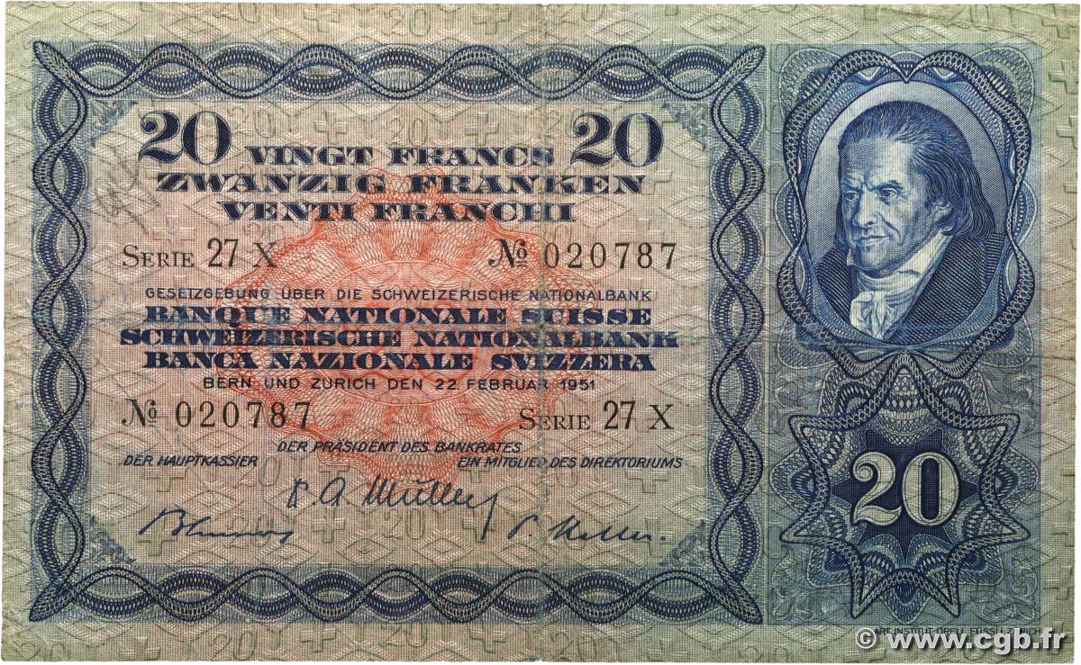 20 Francs SUISSE  1951 P.39s TB