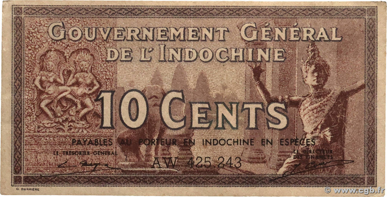 10 Cents INDOCHINE FRANÇAISE  1939 P.085e TTB