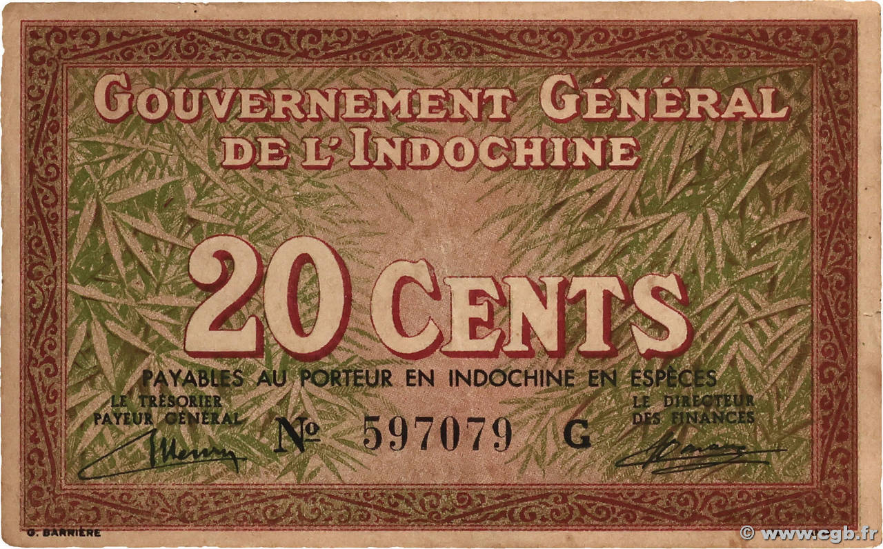 20 Cents INDOCHINE FRANÇAISE  1939 P.086a pr.TTB