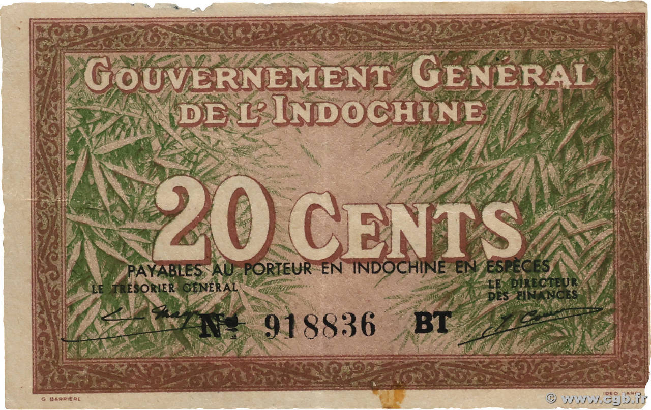 20 Cents INDOCHINE FRANÇAISE  1939 P.086d TB