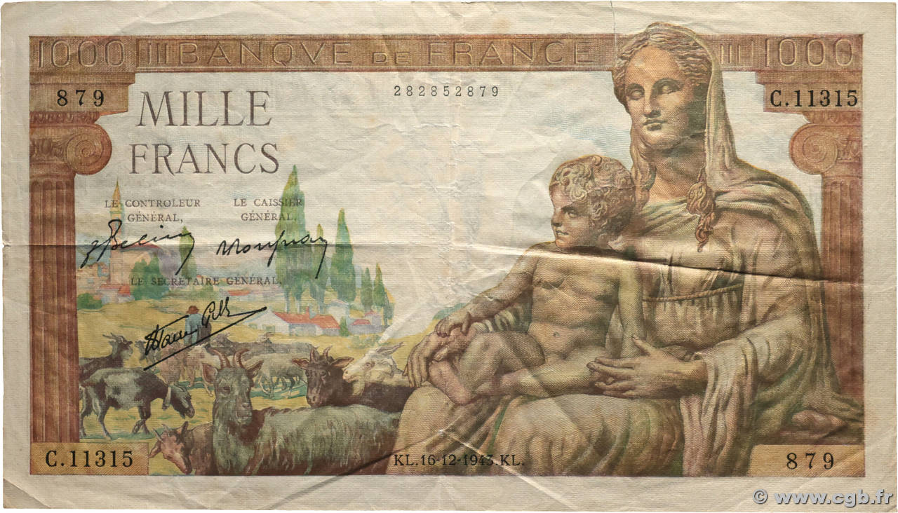 1000 Francs DÉESSE DÉMÉTER FRANCE  1943 F.40.42 TTB+