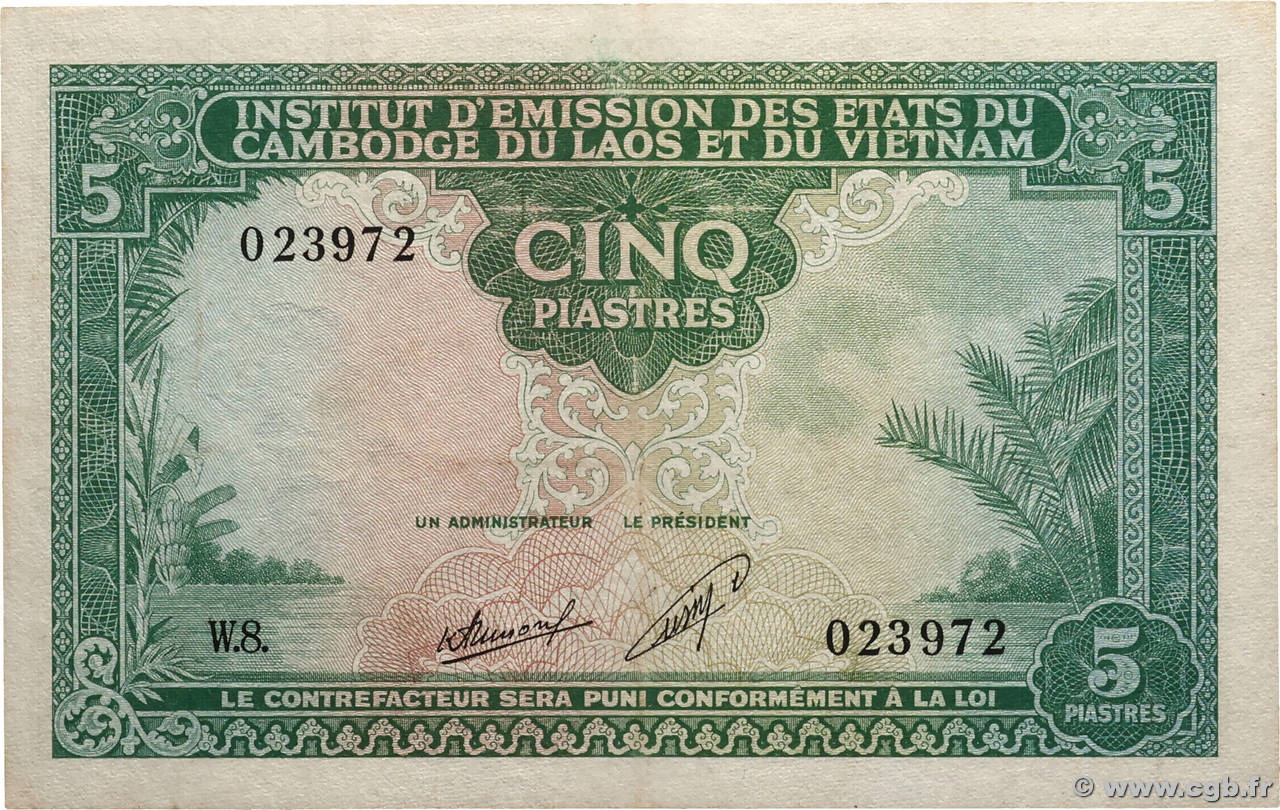 5 Piastres - 5 Kip INDOCHINE FRANÇAISE  1953 P.101 TTB