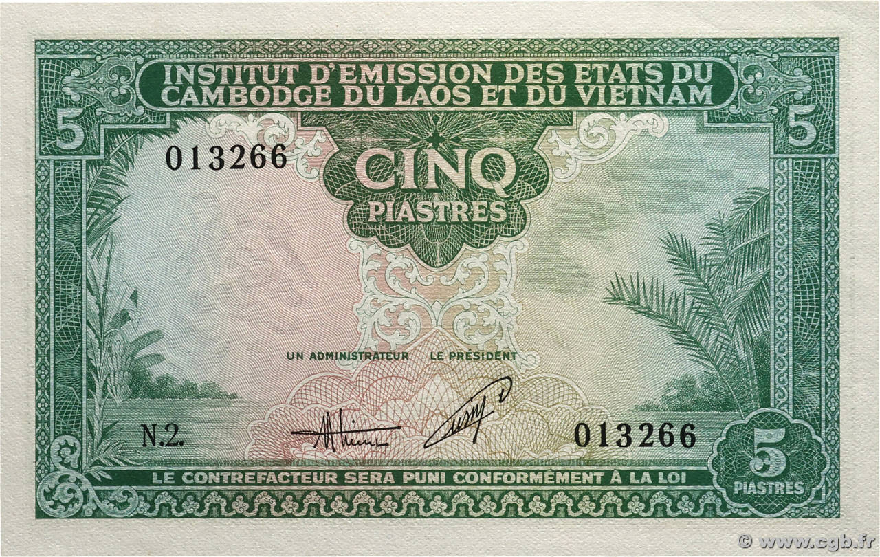 5 Piastres - 5 Dong INDOCHINE FRANÇAISE  1953 P.106 pr.NEUF
