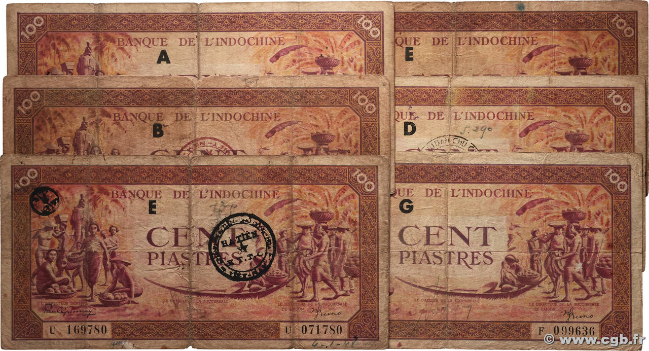 100 Piastres orange Lot INDOCHINE FRANÇAISE  1942 P.066 B à TB